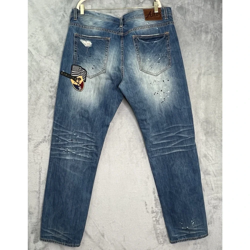 AKOO Jeans Mens 40/34 Blue Paint Splatter Distressed No Rivals Patch Big Oak Fit